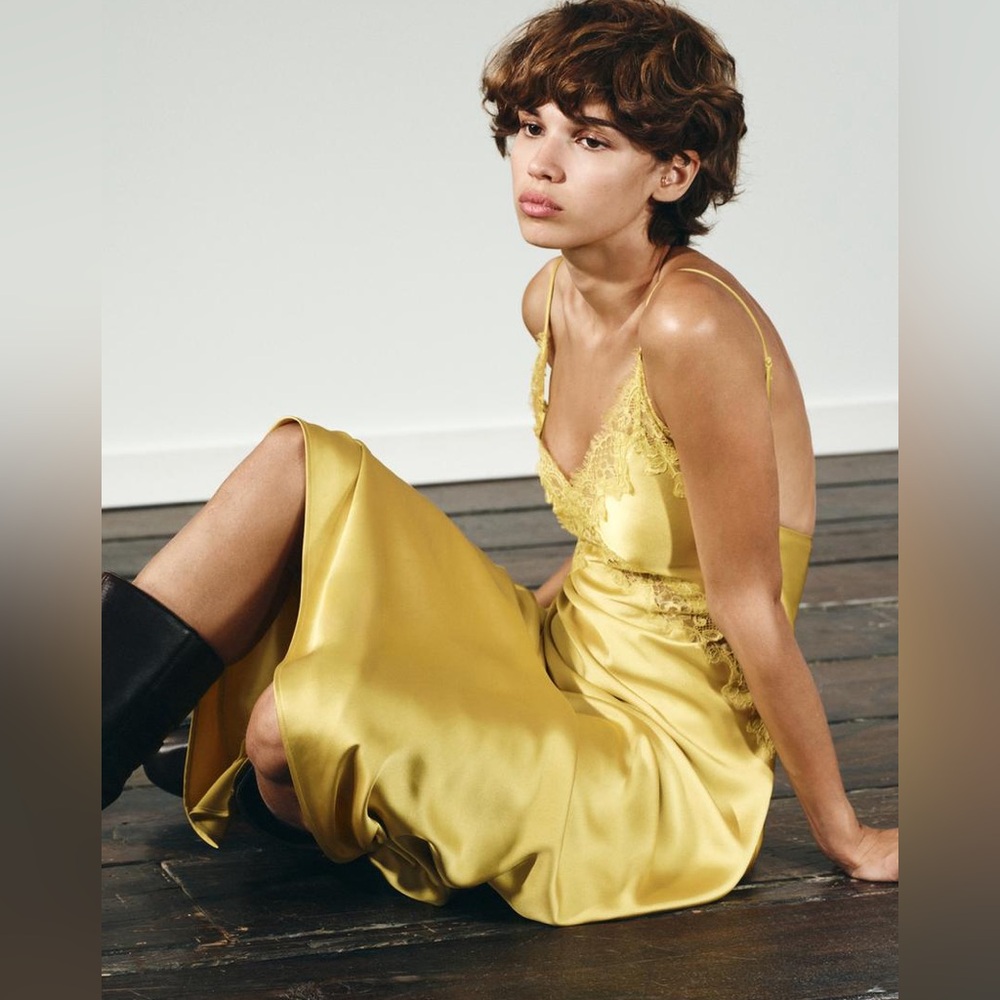 ZARA Yellow Satin Midi Slip Dress with Lace, New Medium - Picture 10 of 17